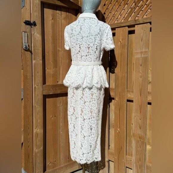 🆕 SELF-PORTRAIT 🧿 NWOT White Lace Peplum Belted Midi Dress, Sz UK 10 US 6 - Picture 9 of 16